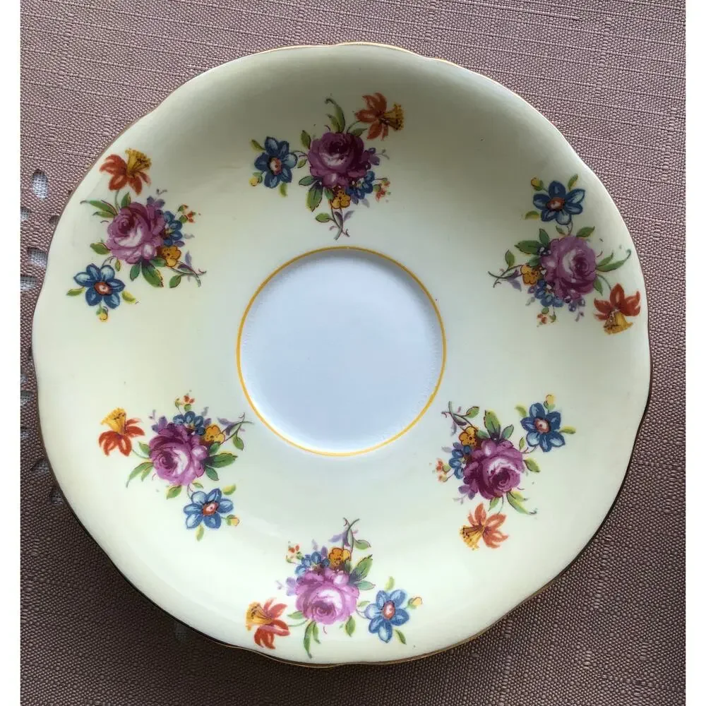 Aynsley Vintage Cream Bone China Floral Print Gold Trim Saucers Set of 2